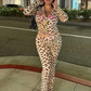 Leopard Letter Print 2 Piece Set Women Tracksuit Sporty Casual Hooded Crop Jacket+Flare Pants Stretch Matching Suits