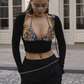 Sexy Hipster 2 Piece Set Women Halter Bandage Leopard Print Bar+Hollow Stretch Solid Long Sleeve Crop Tops Trend Suit