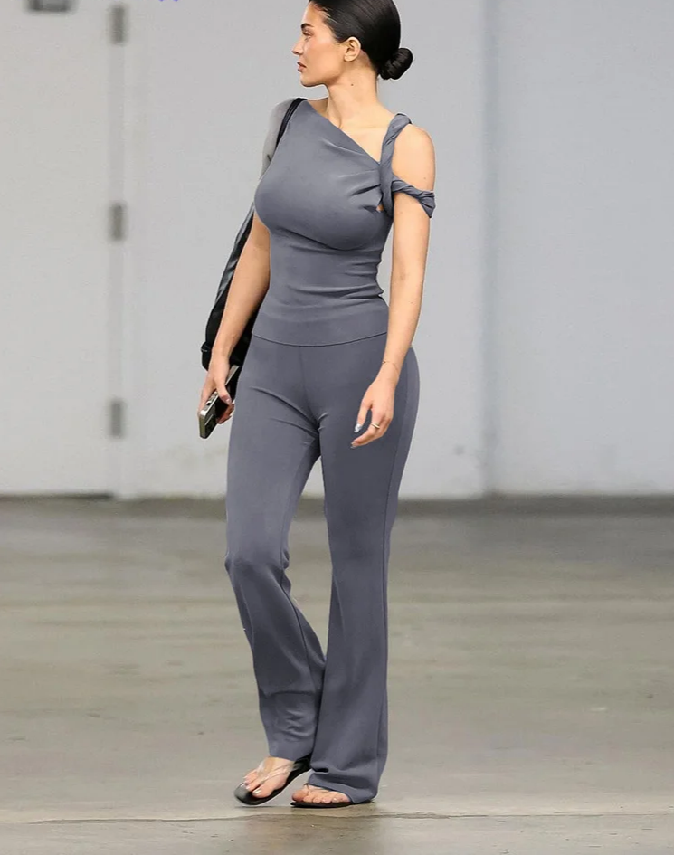 Elegant Women 2 Piece Set Stretch Irregular Knot Short Sleeve Tank Tops+Flare Pants Matching Stretch Slim Streetwear