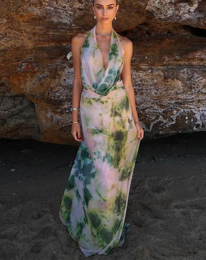 Backless Print Halter 2Peice Set Woman Summer Swinging-Collar Bandage Tank+Mesh Ruffles Tie-Dye Skirt Matching Suit