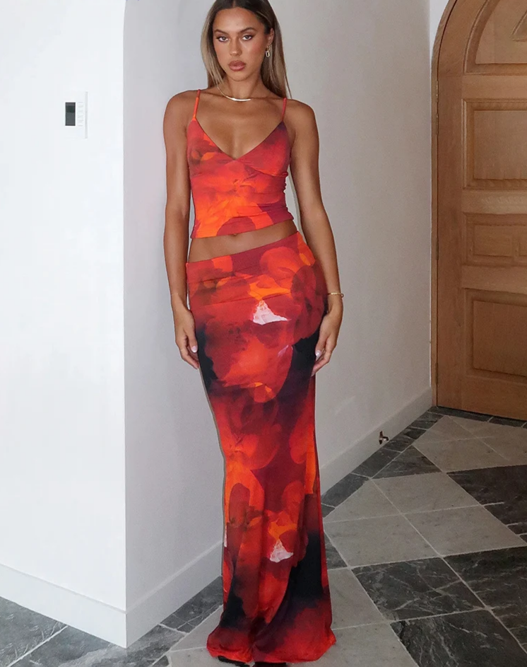 Tie-Dye Print 2 Piece Set Women Summer Y2K Fashion Hipster Elegant V-Neck Camisole+Maxi Skirts Matching Streetwear