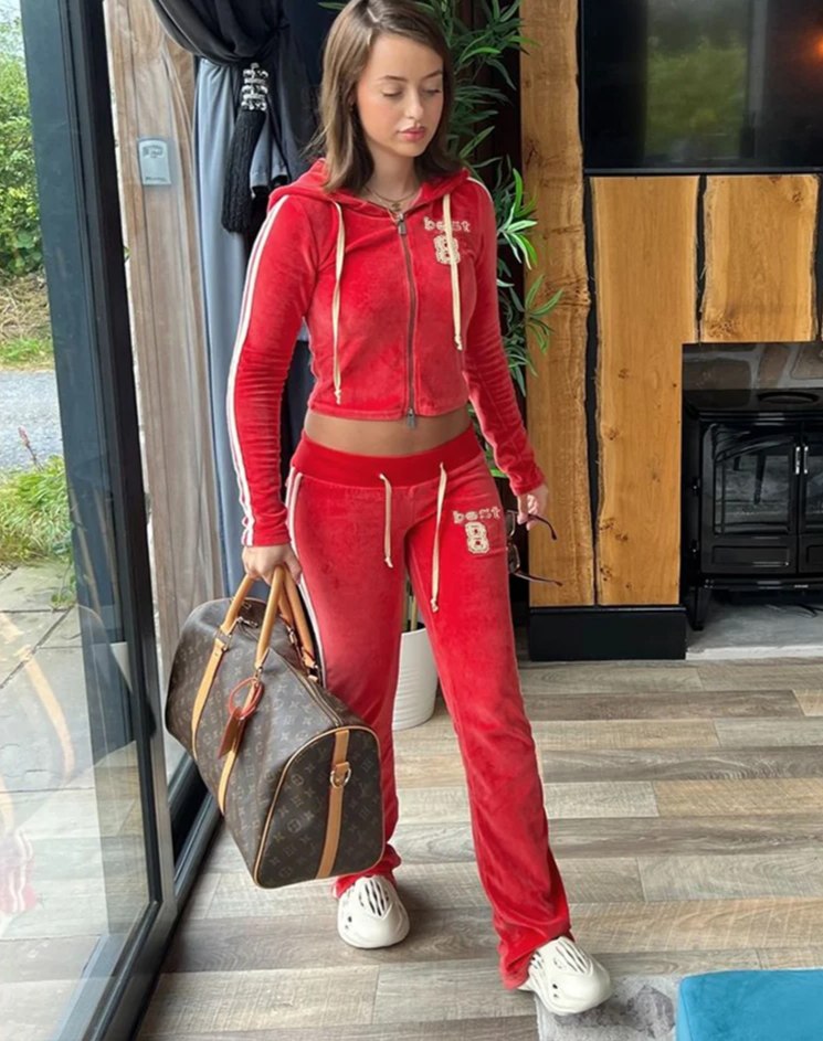 Velvet Women Tracksuit 2 Piece Set Letter Embroidered Hooded Crop Sweatshirts+Straight Pants Casual Sporty Streetwear