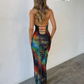 See through Halter Dress Women Colorful Print Swinging Collar backless Split sexy Sleeveless Evening Party Vestidos