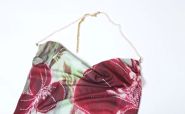 Floral Print Dress Women Bead Chain Halter Swing Collar Backless Vacation Fashion Beach Party Elegant Long Bodycon