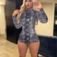 Skinny Full Sleeve Romper Women Wild Sexy O-Neck Serpentine Stretch Leopard Print Midnight Coquettish Trend Playsuits