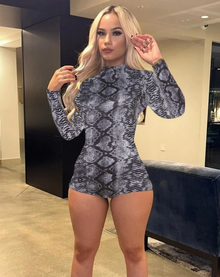 Skinny Full Sleeve Romper Women Wild Sexy O-Neck Serpentine Stretch Leopard Print Midnight Coquettish Trend Playsuits