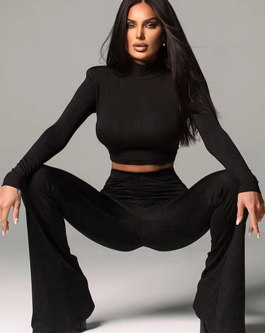 Ruched Casual 2 Piece Set Women Tracksuit Stretch Solid Crop Tops+Flare Pants Matching Stretch Streetwear Outfits