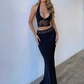 Sexy Summer Women 2 Piece Set Halter Mesh Patchwork Backless Tops+Waistband Long Skirts Midnight Matching Clubwear