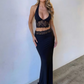 Sexy Summer Women 2 Piece Set Halter Mesh Patchwork Backless Tops+Waistband Long Skirts Midnight Matching Clubwear