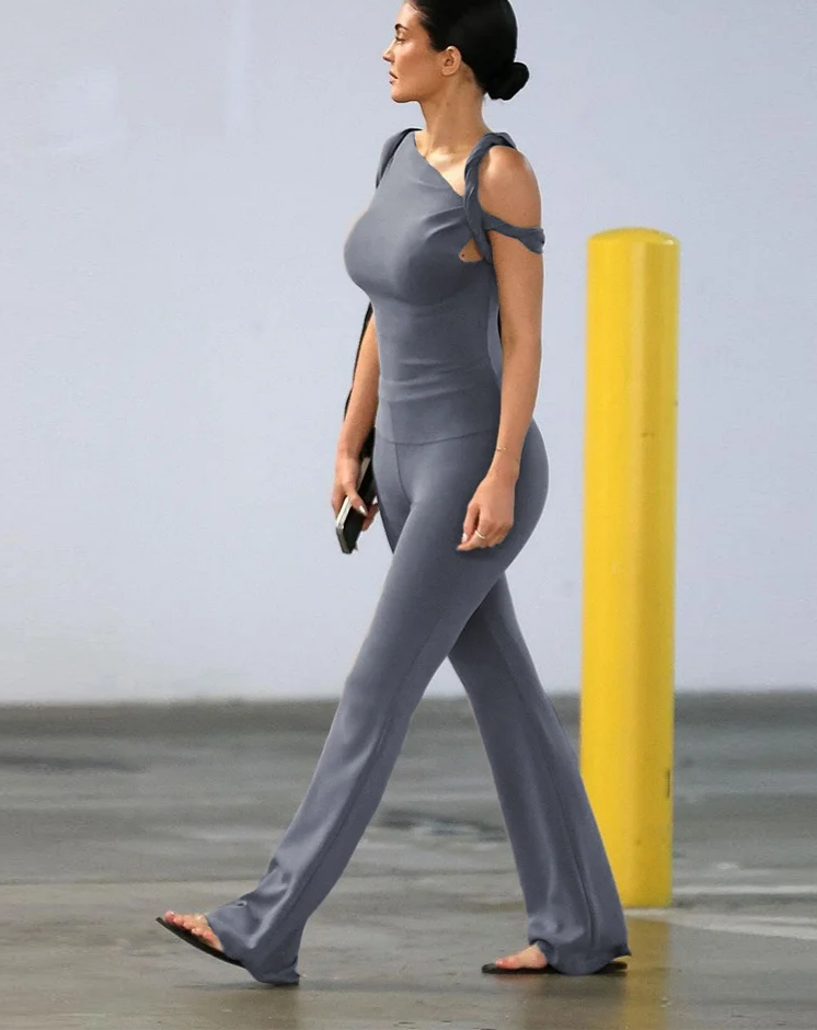 Elegant Women 2 Piece Set Stretch Irregular Knot Short Sleeve Tank Tops+Flare Pants Matching Stretch Slim Streetwear