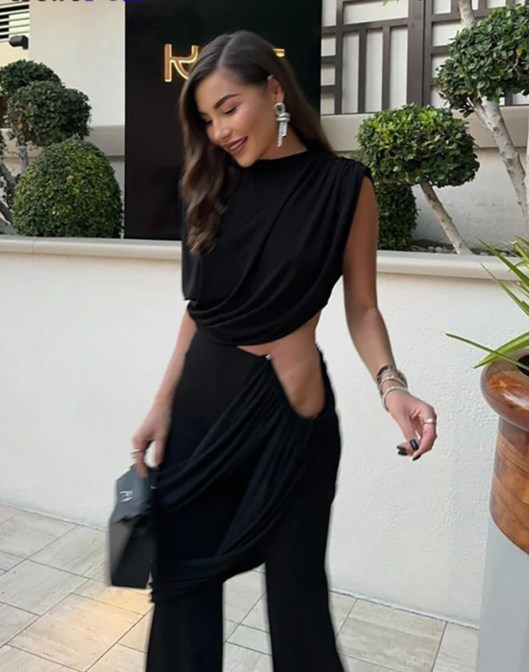 Elegant Irregular 2Piece Set Summer Women Chic Classic Tank Tops+Skirts Pants Matching Trend Ruched Suits Streetwear