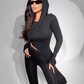 Solid Women 2 Piece Set Skinny O-Neck Sleeveless Crop Vest+Hooded Asymmetry Skinny Dress Matching Trend Stretch Suit