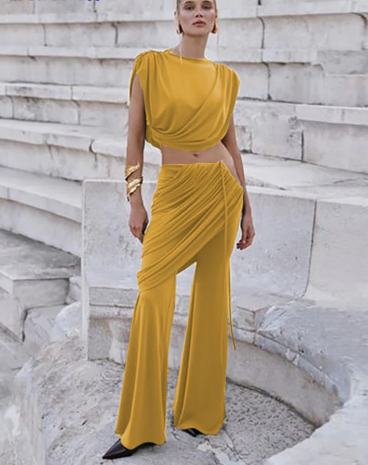Elegant Irregular 2Piece Set Summer Women Chic Classic Tank Tops+Skirts Pants Matching Trend Ruched Suits Streetwear