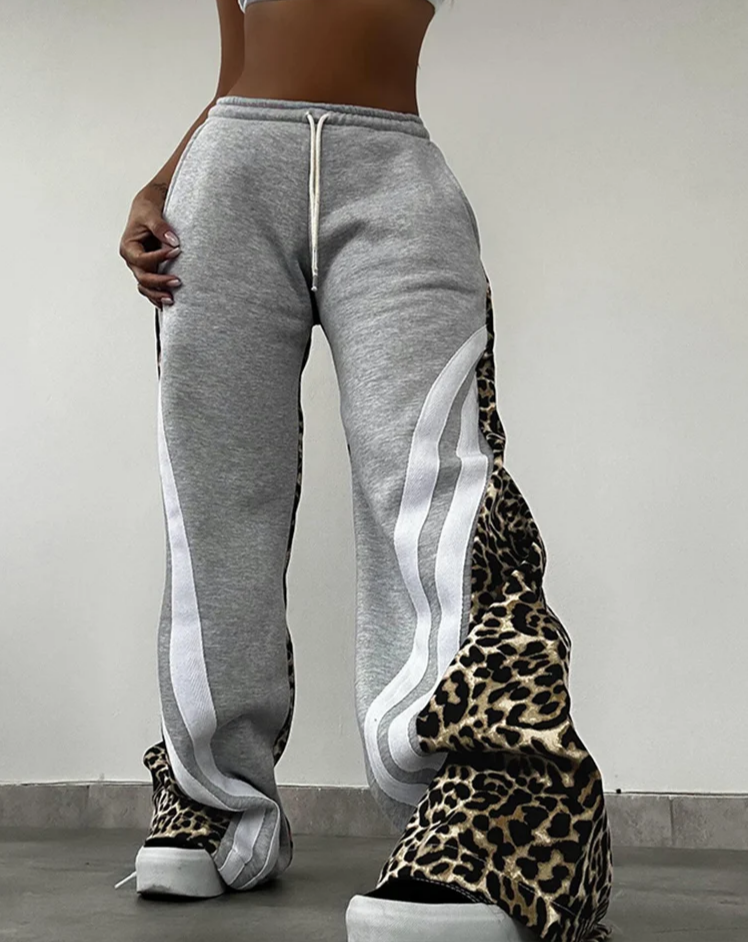 Side Stripe Women Flare Pants Autumn Hipster Leopard Patchwork Pocket Casual Wild Basic Street Sweatpants Trousers