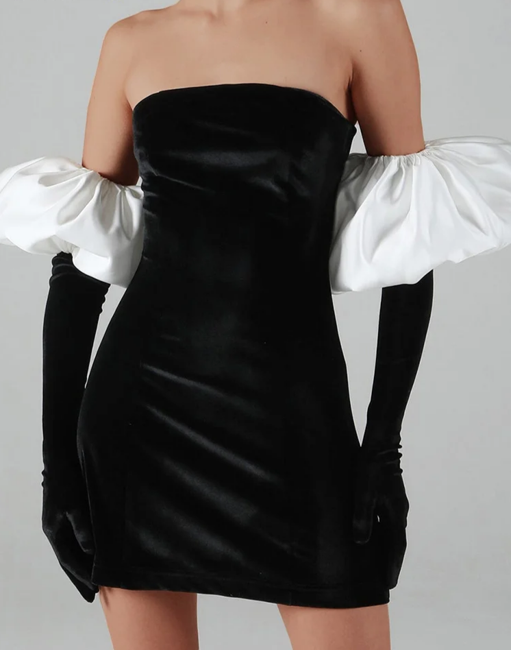 Women Strapless Velvet Dress Elastic Bodycon With  Clouds Gloves Birthday Vacation Party French Romantics Streetwear