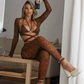 Jacquard Ring Patchwork 3 Piece Set Women Lace-up Halter Bar+Full Sleeve Shawl+Skinny Straight Pants See through Suit