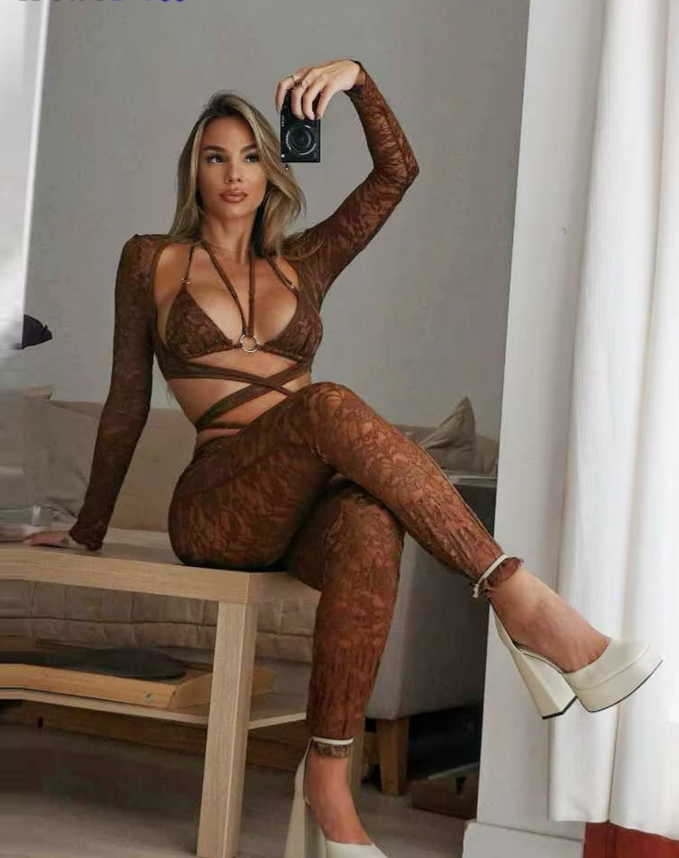 Jacquard Ring Patchwork 3 Piece Set Women Lace-up Halter Bar+Full Sleeve Shawl+Skinny Straight Pants See through Suit