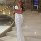 See Through 2 Piece Sets Woman Summer Sexy Strapless Crop Tops+Long Skirts Party Clubwear Skinny Lace Matching Outfits