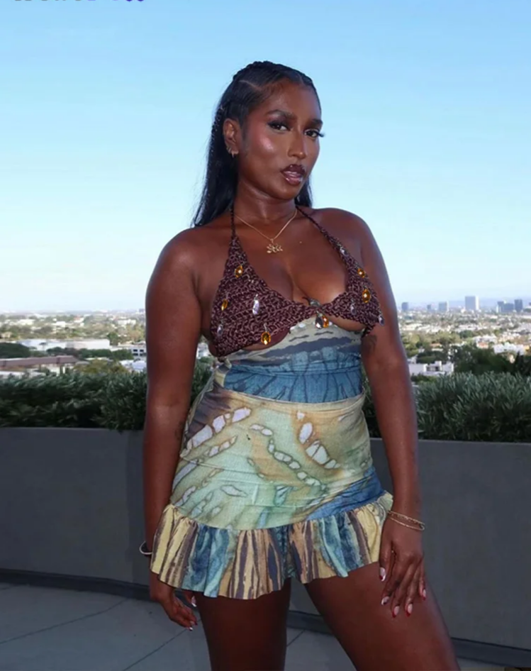 Vintage Women Set Knit Patchwork Diamond TasselsRuffles Hem Skirts+ Halter Backless Tops 2 Piece  Vacation Clubwear