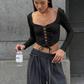 Cross Bandage Crop Tops Women Square Collar Skinny Long Sleeve Autumn Trend Wild Stretch Solid T-Shirts Streetwear