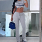 Letter Print 2 Piece Set Women Tracksuit Casual Sporty Summer Crop Tops+Pants Matching Street Tight Stretch Outfits