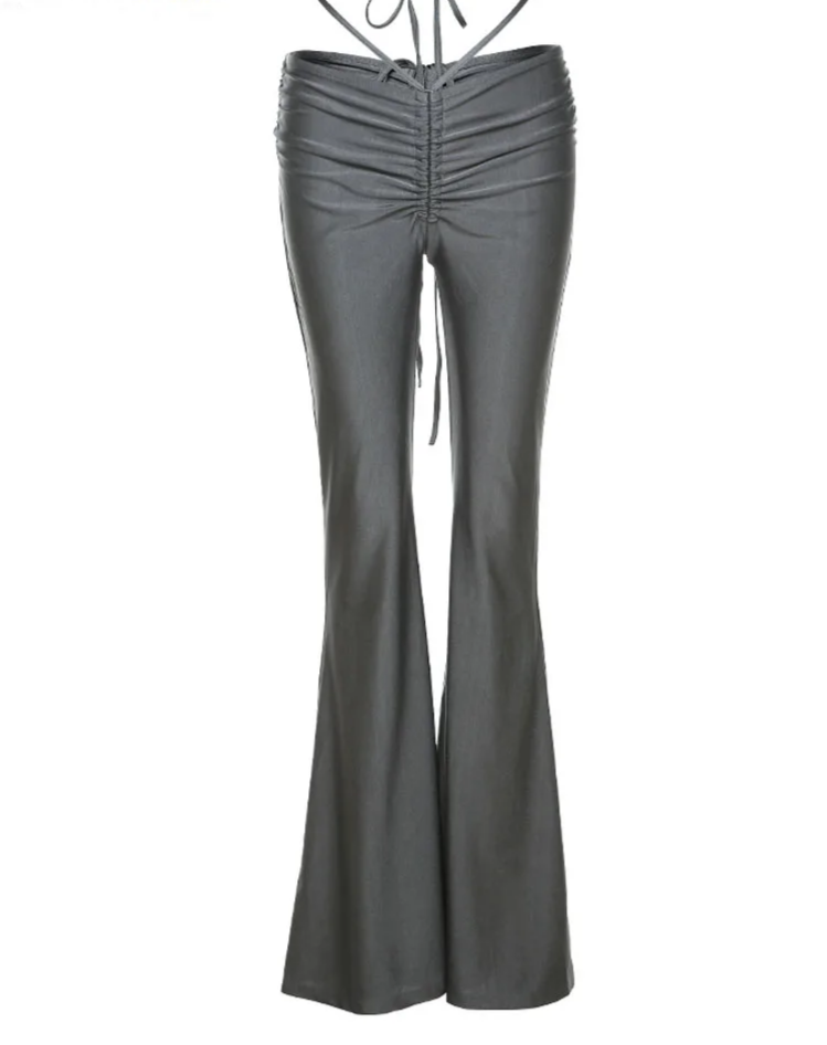 Y2K Low Waist Flare Pants Women Drawstring Ruched Long Trousers Elastic Casual Streetwear Fashion Bandage Bottoms