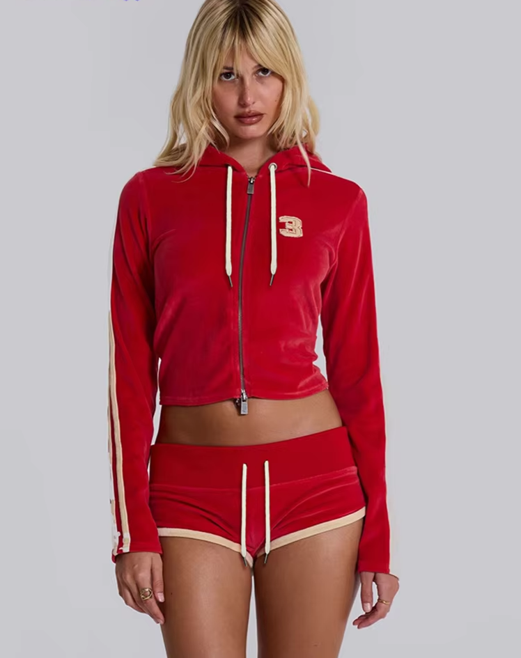 Casual Velvet 2 Piece Set Women Tracksuit Sporty Zip Hooded Sweatshirt+Shorts Sporty Fitness Soft Matching Outfits