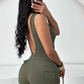 Backless Ribbed Romper Women Fitness Tight Sleeveless Pocket Skinny Activity Workout Streetwear Casual Slim Playsuits