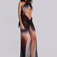 Gradient Print Women Dress See Through Coquette Knot Hollow Cross Halter Sleeveless Long Bodycon Vestidos Clubwear