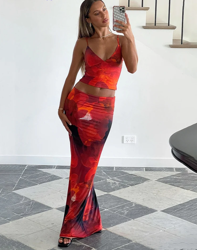 Tie-Dye Print 2 Piece Set Women Summer Y2K Fashion Hipster Elegant V-Neck Camisole+Maxi Skirts Matching Streetwear