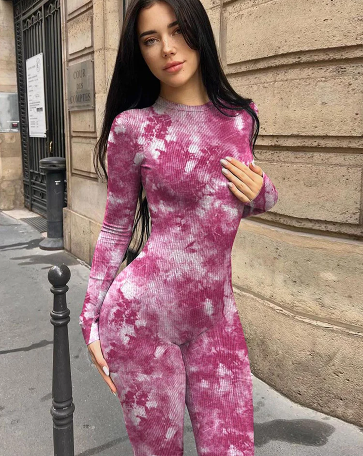 Ribbed Tie-dye Jumpsuit Women Autumn Irregular Print Sporty O-neck Full Sleeve Daily Skinny Casual Trend Streetwear