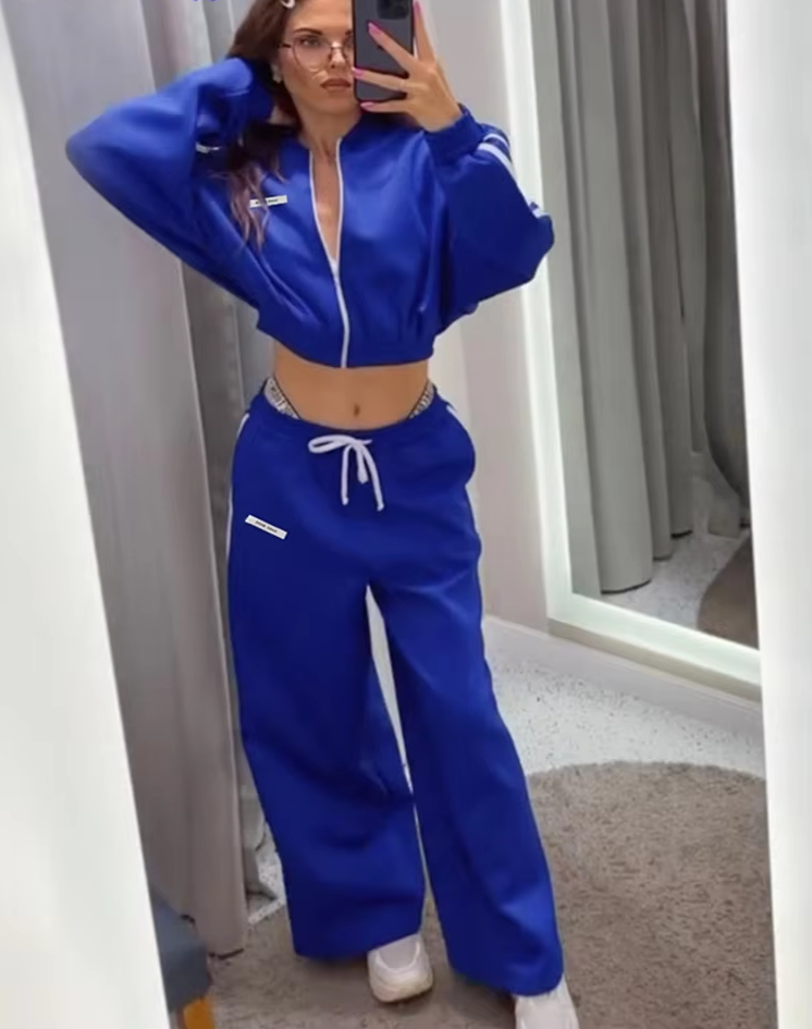 White Striped 2 Piece Set Women Sporty Zipper Crop Jacket+Shirring Waist Straight Pants Workout Activity Tracksuit