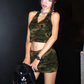 Sexy Camouflage Print Women 2 Piece Set Halter Backless Tank Tops+Hollow High-Waist Skirts Stretch Matching Clubwear