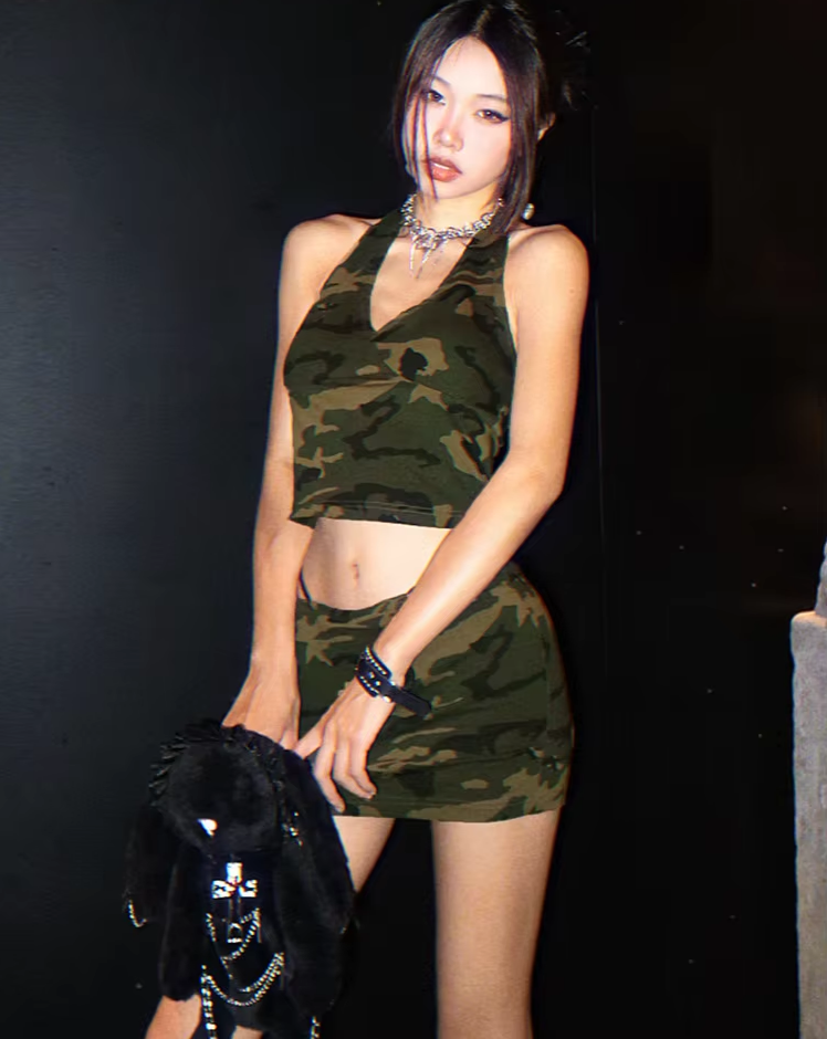 Sexy Camouflage Print Women 2 Piece Set Halter Backless Tank Tops+Hollow High-Waist Skirts Stretch Matching Clubwear