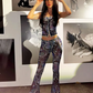 Butterfly Print Women 2 Piece Set See Through Sexy Shirring Strapless Tops+Trousers Matching Hipster Clubwear Outfits