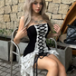 Black White Patchwork Dress Women Y2K Chest Wrap Bandage Tassel Street Sexy Trend Stretch Birthday Party Mini Bodycon