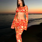 Colorful Tie-Dye Print Women 2 Piece Set Trend Flared Sleeve Crop Tops+Pleats Skinny Stretch Long Skirts Sexy Suit