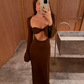 Hollow Sexy Dress Women Chest Wrap Stretch Flared Sleeve Loose Hem Chic Trend Prom wedding Party Elegant Long Bodycon