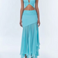 Elegant Summer 2 Piece Set Women Y2K Halter Knot Ruched Tank Tops+Patchwork Irregular Mesh Skirts Matching Clubwear