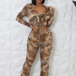 Mesh Flower Print 2 Piece Set Women Ruffles Lace-Up Tassel Full Sleeve Crop Tops+Skinny Straight Pants Street Suit