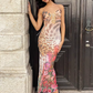 Leopard Rose Print Dress Women Low-Neck Shirring Bandage Sleeveless Summer Skinny Stretch Thin Vacation Maxi Bodycon