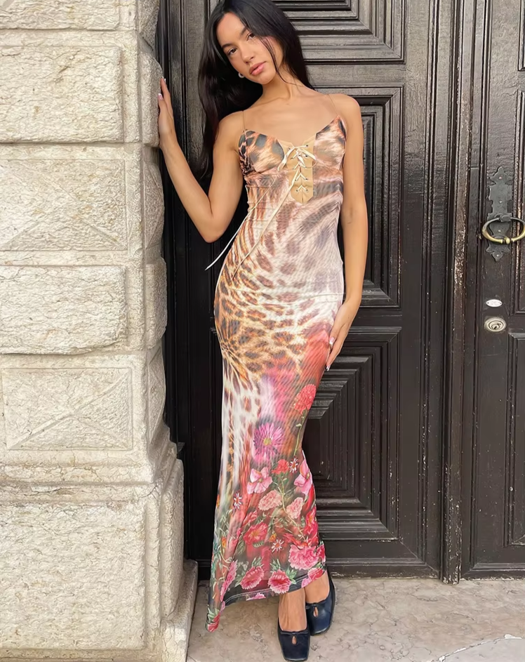 Leopard Rose Print Dress Women Low-Neck Shirring Bandage Sleeveless Summer Skinny Stretch Thin Vacation Maxi Bodycon