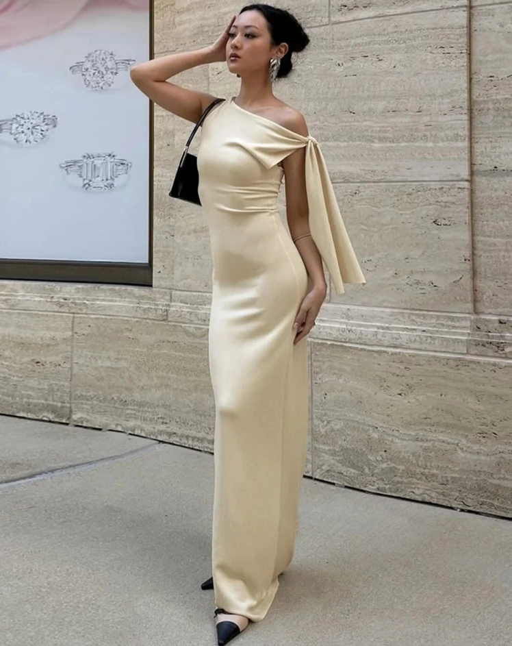 Knot Bandage Dress Woman Summer Sexy Solid Elegant One-Shoulder Sleeveless Bodyshape Simple Party Skinny Vestidos