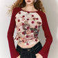 Vintage Sleeve T-Shirt with Polka Dot & Bear Print, Trendy Cartoon Print Top for Women & Girls