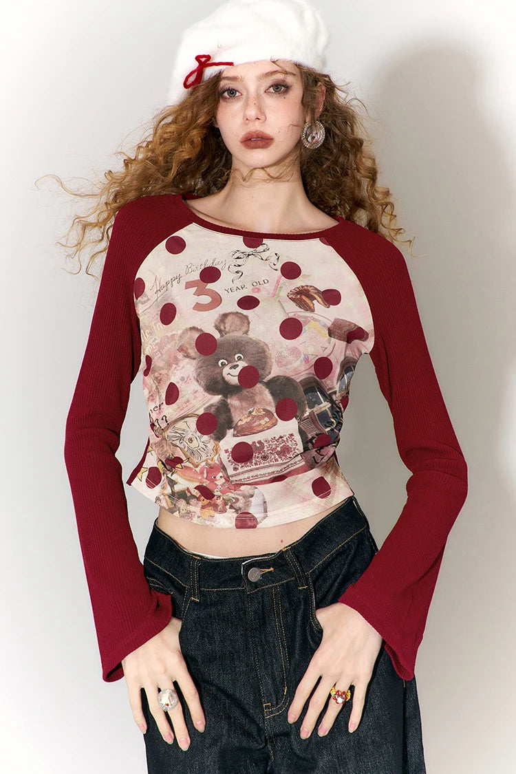 Vintage Sleeve T-Shirt with Polka Dot & Bear Print, Trendy Cartoon Print Top for Women & Girls