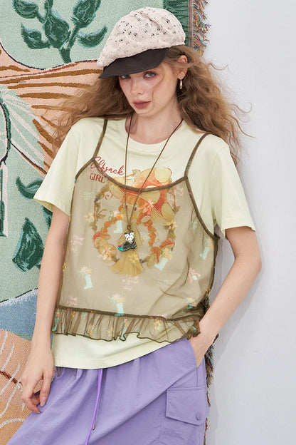 2025 Summer New Arrival Casual Cute design niche top Mesh halter print short sleeve two-piece t-shirt