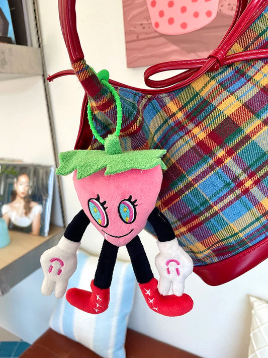 2025 Autumn New Arrival Cute Big Eyes Strawberry Plush Decor Bag Charm Keychain For Woman