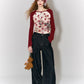 Vintage Sleeve T-Shirt with Polka Dot & Bear Print, Trendy Cartoon Print Top for Women & Girls