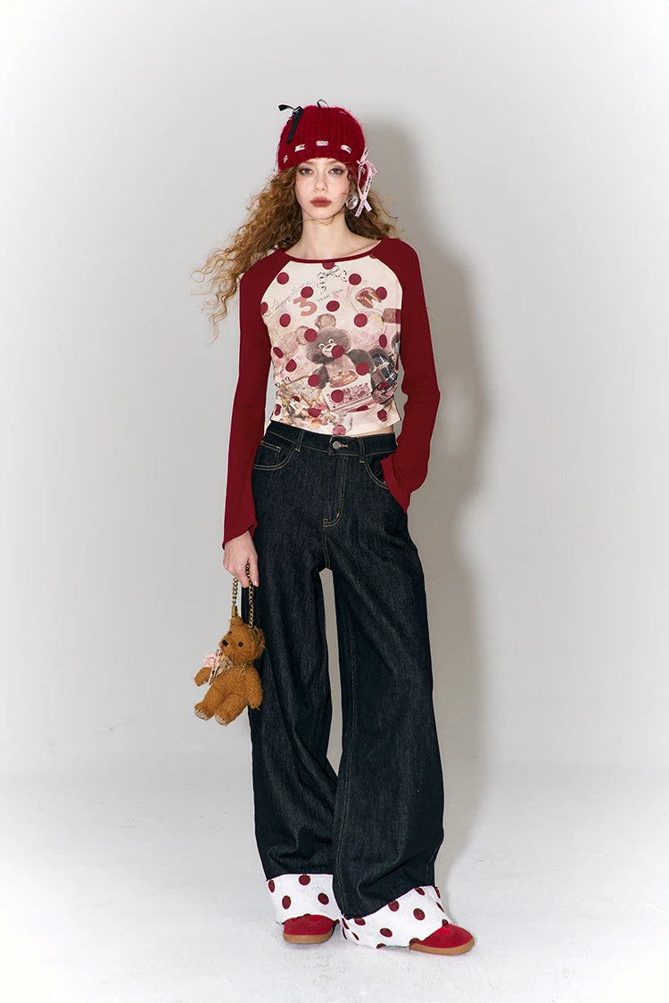 Vintage Sleeve T-Shirt with Polka Dot & Bear Print, Trendy Cartoon Print Top for Women & Girls