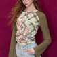 Vintage Sleeve T-Shirt with Polka Dot & Bear Print, Trendy Cartoon Print Top for Women & Girls